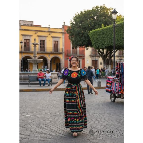 Mexican 3 piece set Blouse Cambaya skirt elastic waist and belt or mini rebozo - Picture 6 of 12